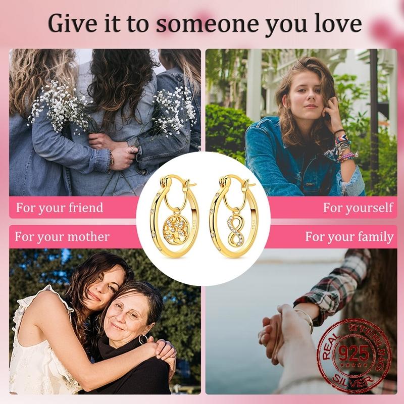 925 Sterling Zilver Pavé Hoepeloorbellen Levensboom & Oneindigheidssymbool Huggie Hoepeloorbellen voor Vrouwen Familiejewelry Cadeaus