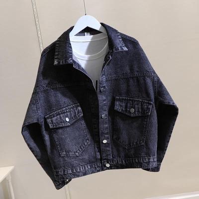 Women's Long Sleeve Black Denim Jacket, Loose Fit, Spring 2026 Korean Style, Ideal for Petite Sizes