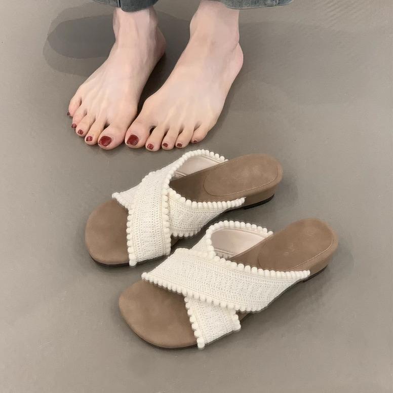 Fashion Shoes Slippers Women Summer On A Wedge Low Slides Fashion Shale Female Beach Soft Luxury Sabot Cotton Fabric Rome PU Hoof Heels