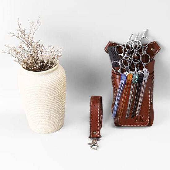 KK Authentic Handmade Premium Leather Scissor Case for 6 Scissors Leather (Sanshiro Market) (Genuine Strap, Brown)