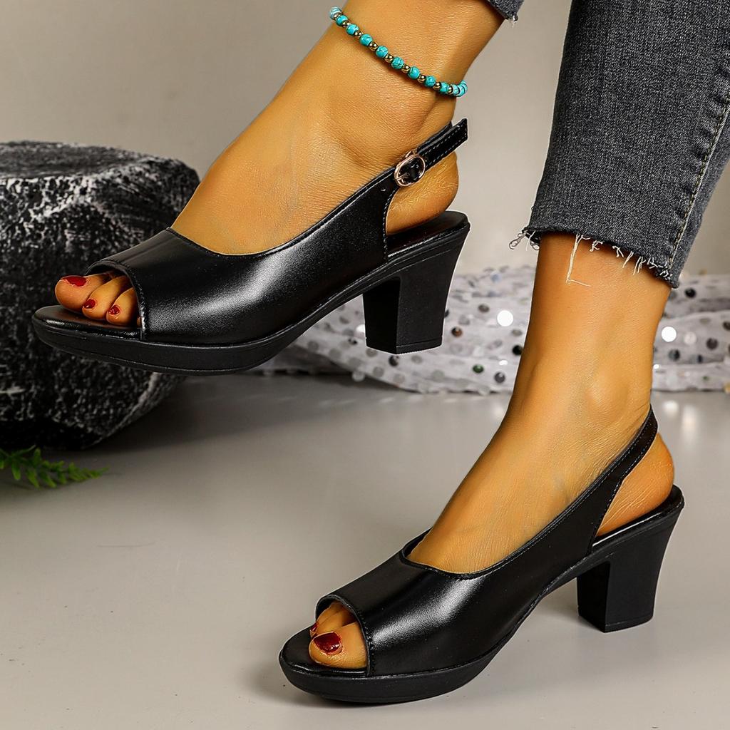 Women's Shoes Thick Heel Round Head Buckle Empty Single Shoes Summer New Temperament Lady Elegant High Heel Fish Mouth Sandals