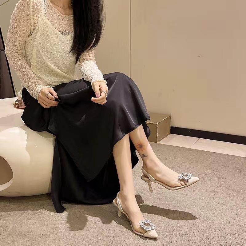 - Large Size Summer New Fashionable Rhinestone Square Buckle Transparent Belt Splicing Pointed Head Bag Head Thin Heel High Heel Sandals