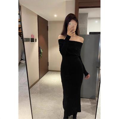 One Shoulder Knitted Sweater Skirt Muse Fan Slim and Skinny Birthday Party Sexy Off-the-Shoulder Little Black Dress