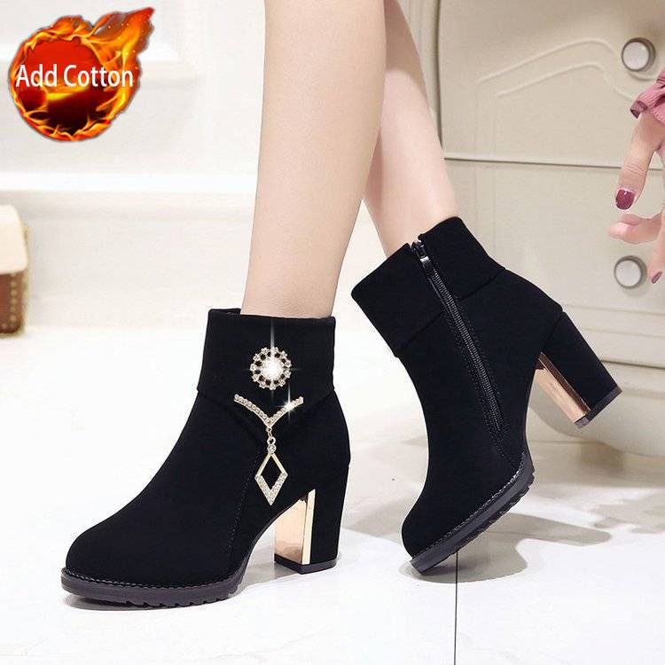 Black Suede Rhinestone Heeled Woman Short Shoes Round Toe Autumn Winter Warm Ankle Boots for Women High Quality Y2k Booties Sale