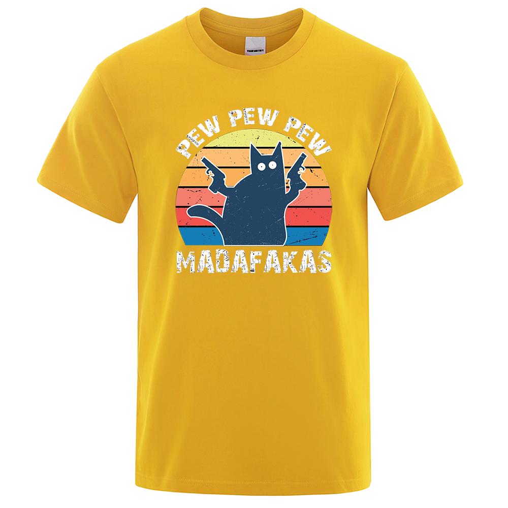 Pew Pew Madafakas Tshirt Men Short Sleeve Novelty Funny Cat T Shirt Vintage Summer Tops Shirts Tee T-Shirt Crew Neck Streetwear