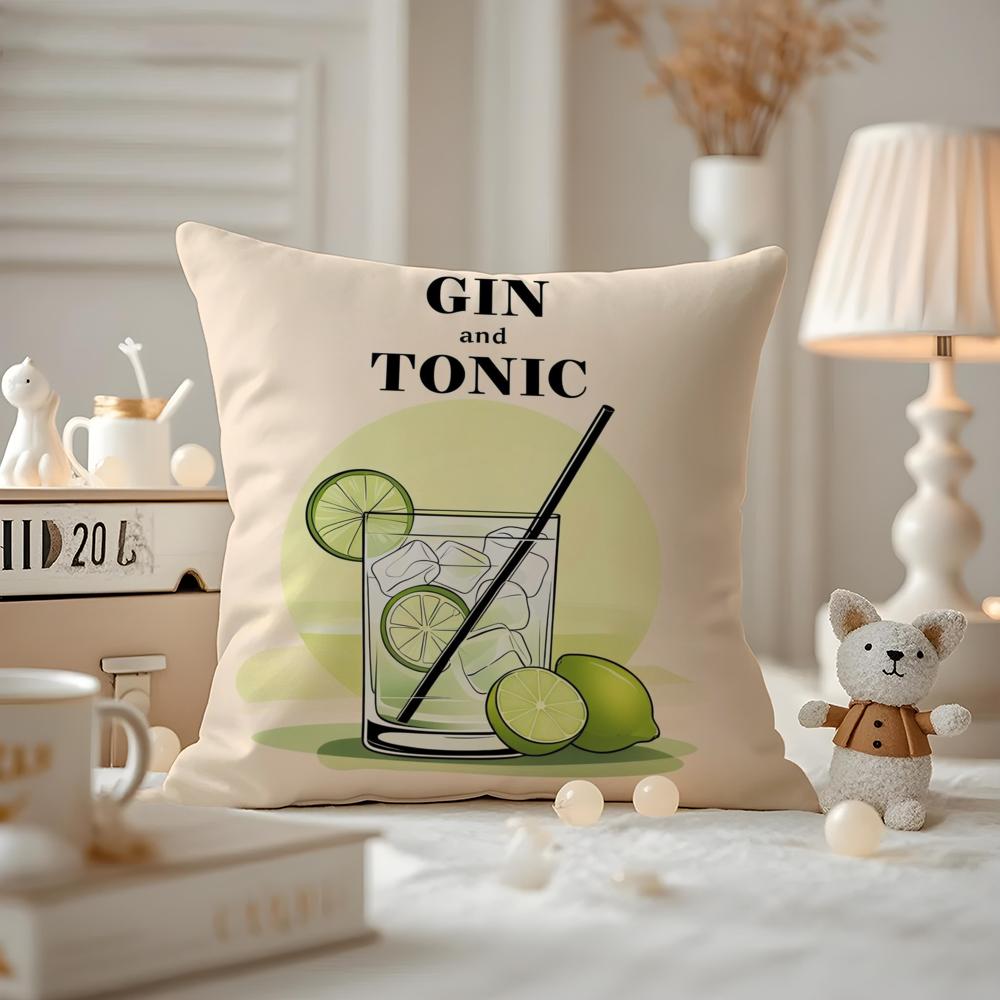 Gin& Tonic Cocktail Painting Cushion Cover Anti-dustmite Pillowcase Invisible Zipper Silky Short Plush Sofa Cushion Cover