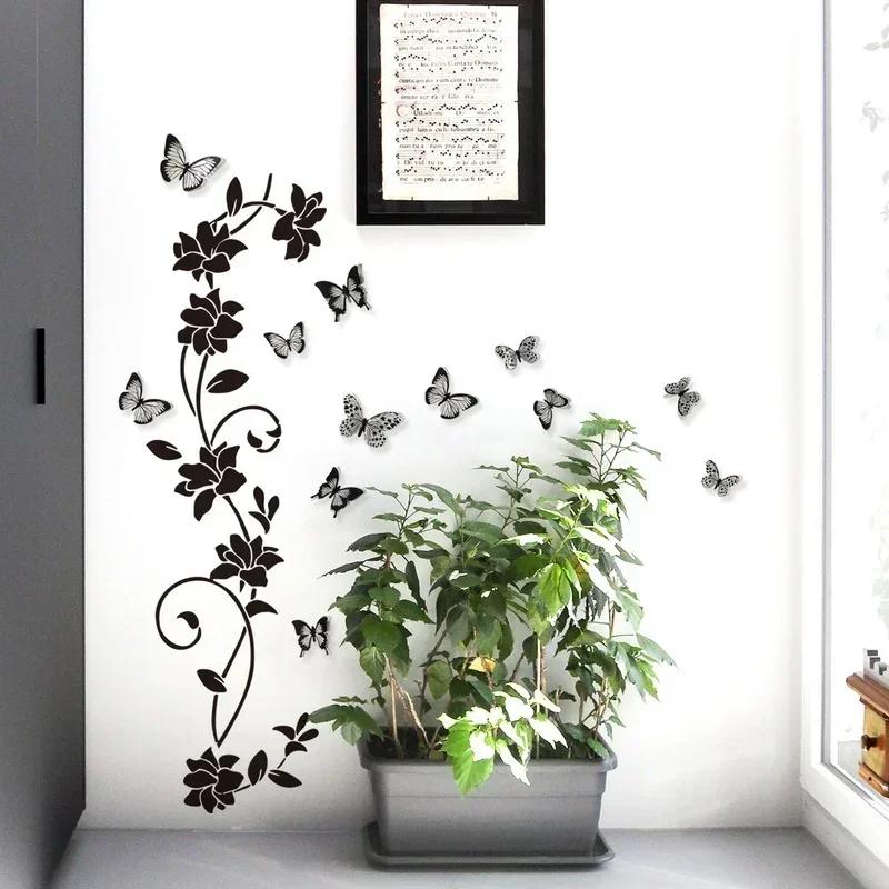 2024 New 3D Butterfly Wall Stickers  Black Flower Rattan Living Room Background Room Wall Stickers Dark Style 38*43cm Home Decor