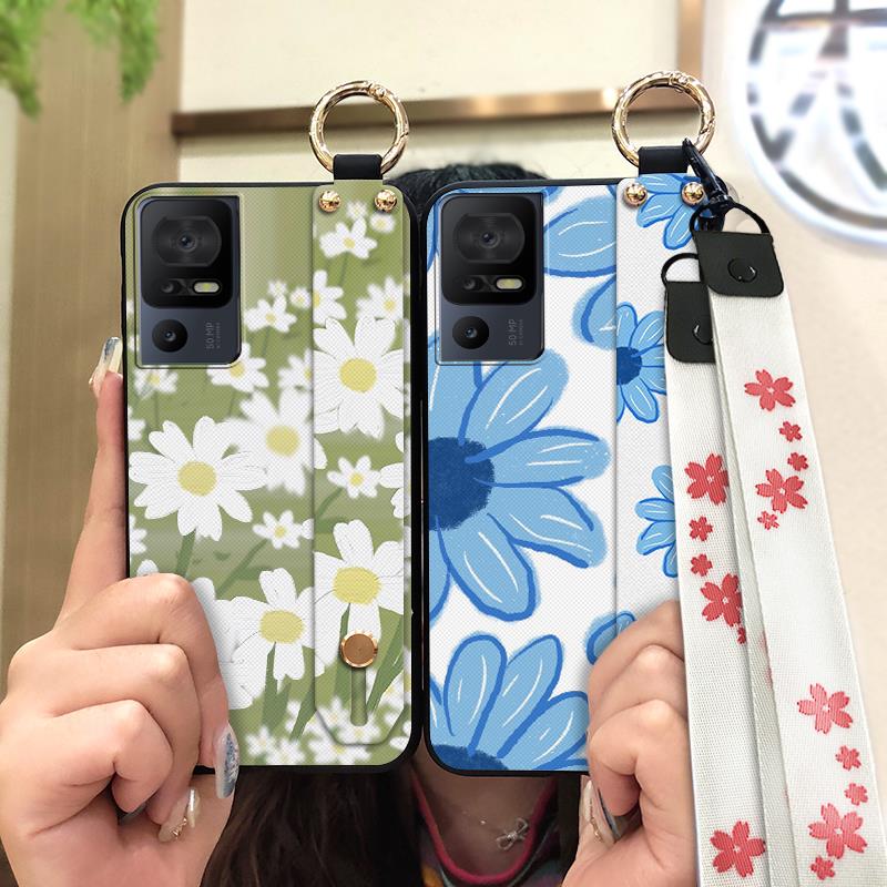 Lanyard Anti-knock Phone Case For TCL 40SE/T610K Dirt-resistant Flower Silicone Protective Ring Oil Painting Shockproof
