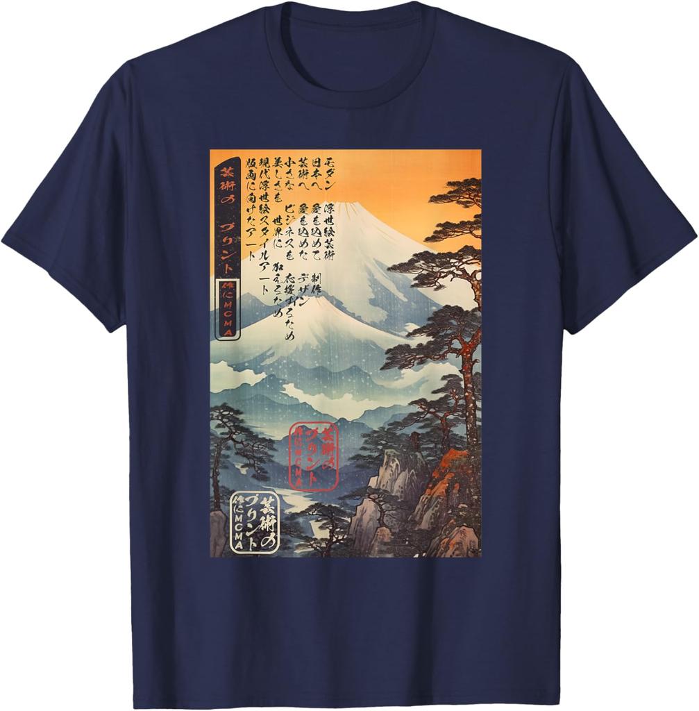 Ukiyoe Mount Fuji Landscape Japanese Woodblock Print Graphic Tee Mens Casual Short Sleeve TShirt