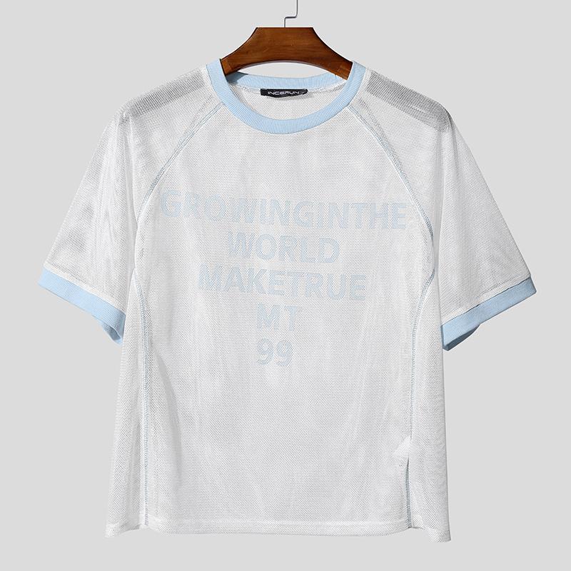 

INCERUN Summer Men O Neck Short Sleeve Mesh See Through Stitching T-shirts Tops 5XL синій