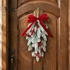 Christmas Decorations for Shop Flocked Teardrop Swag Front Door, Artificial Pine with Red Decorative Hanging Wreath Wall Berries Velvet Bow,