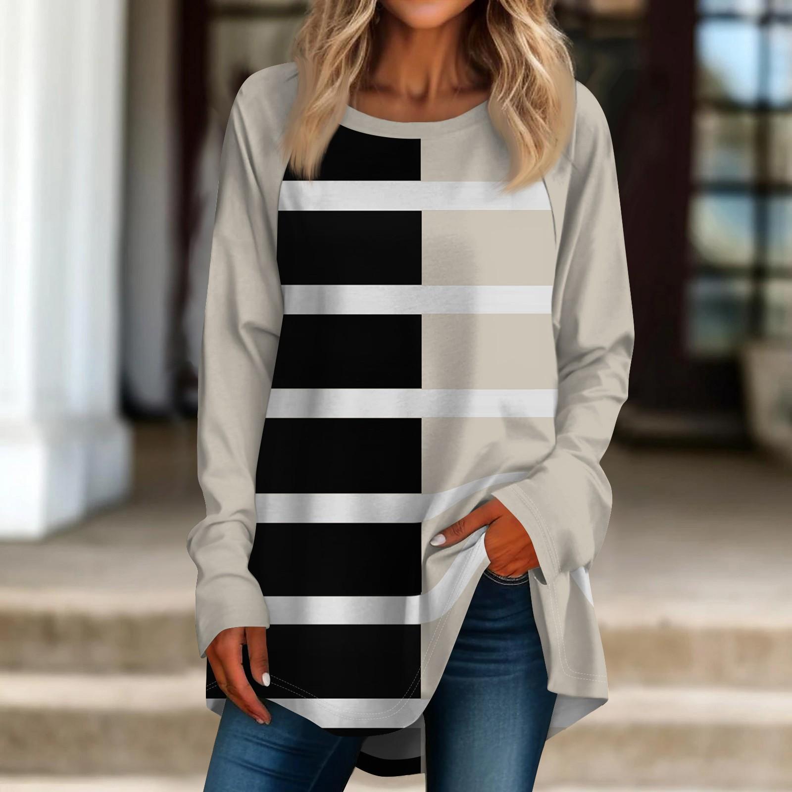 

Женская негабаритная полосатая рубашка с длинными рукавами и круглым вырезом, полосатая футболка, верхний пуловер XXL хаки