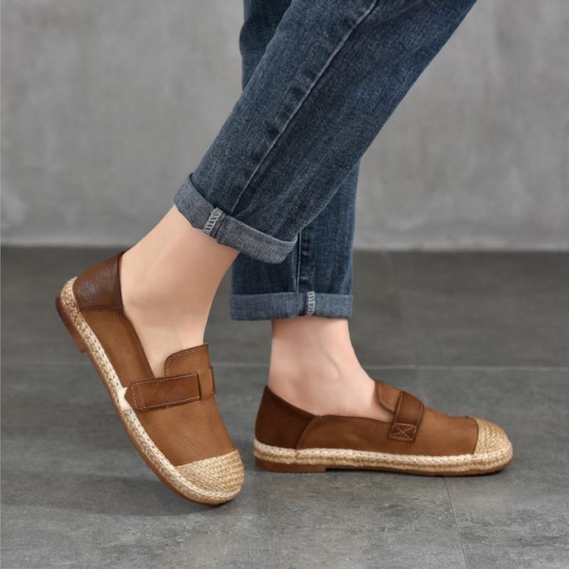 Johnature Retro Loafers Genuine Leather Mixed Color Women's Shoes Casual Versatile Flat Shoes