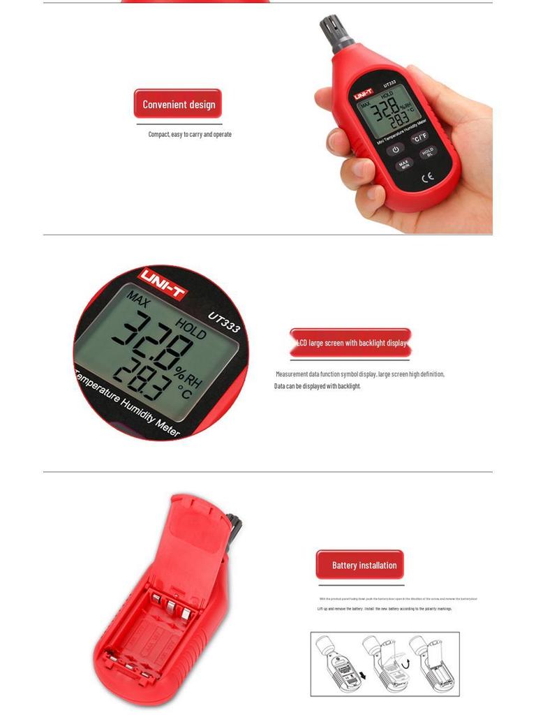 Uni-T UT333 Digital Indoor/Outdoor Handheld Thermohygrometer for Industrial, Agricultural, and Household Use