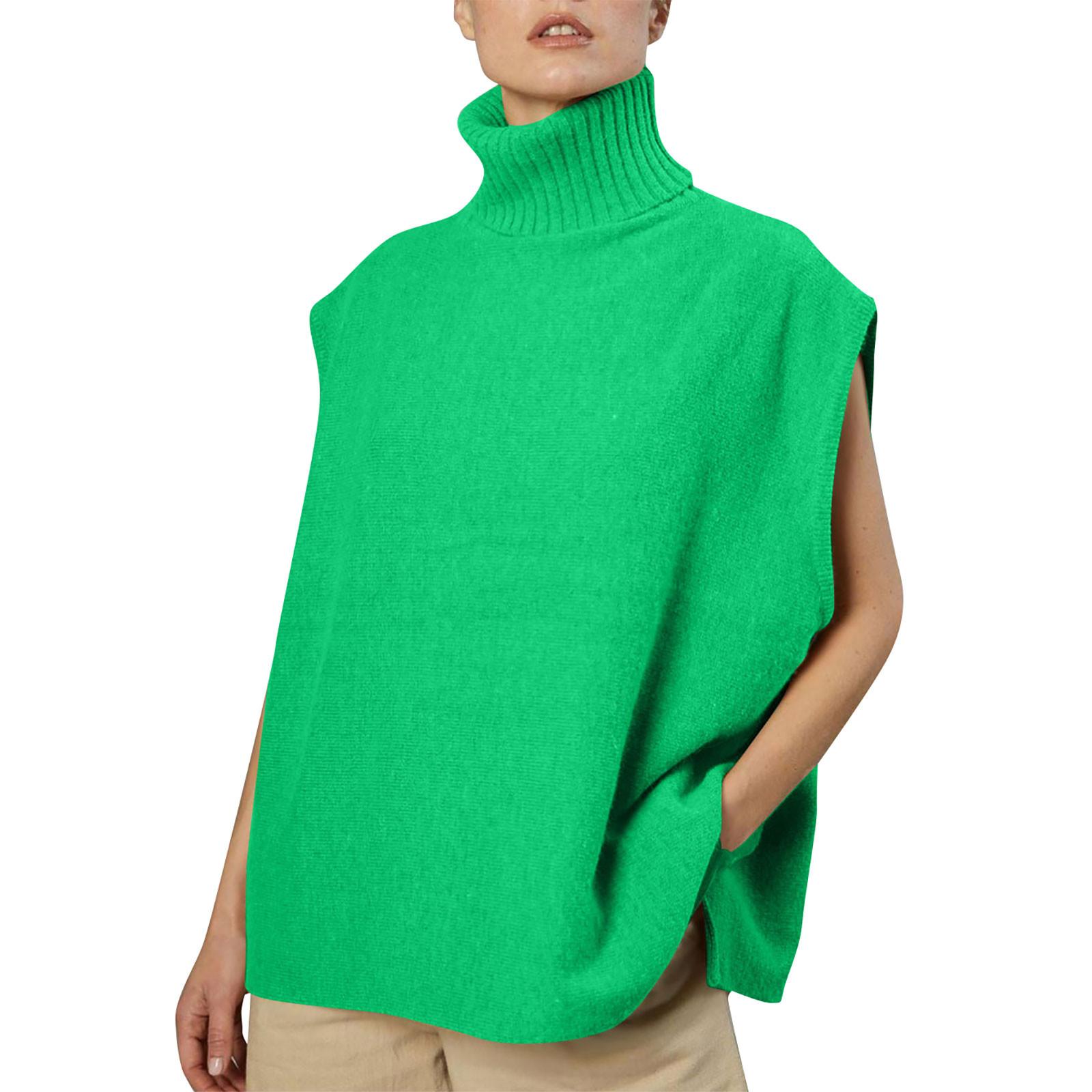 

Женские свитера большого размера с высоким воротником, свободный пуловер без рукавов, вязаный зимний джемпер с боковым разрезом, топ XL зелёный