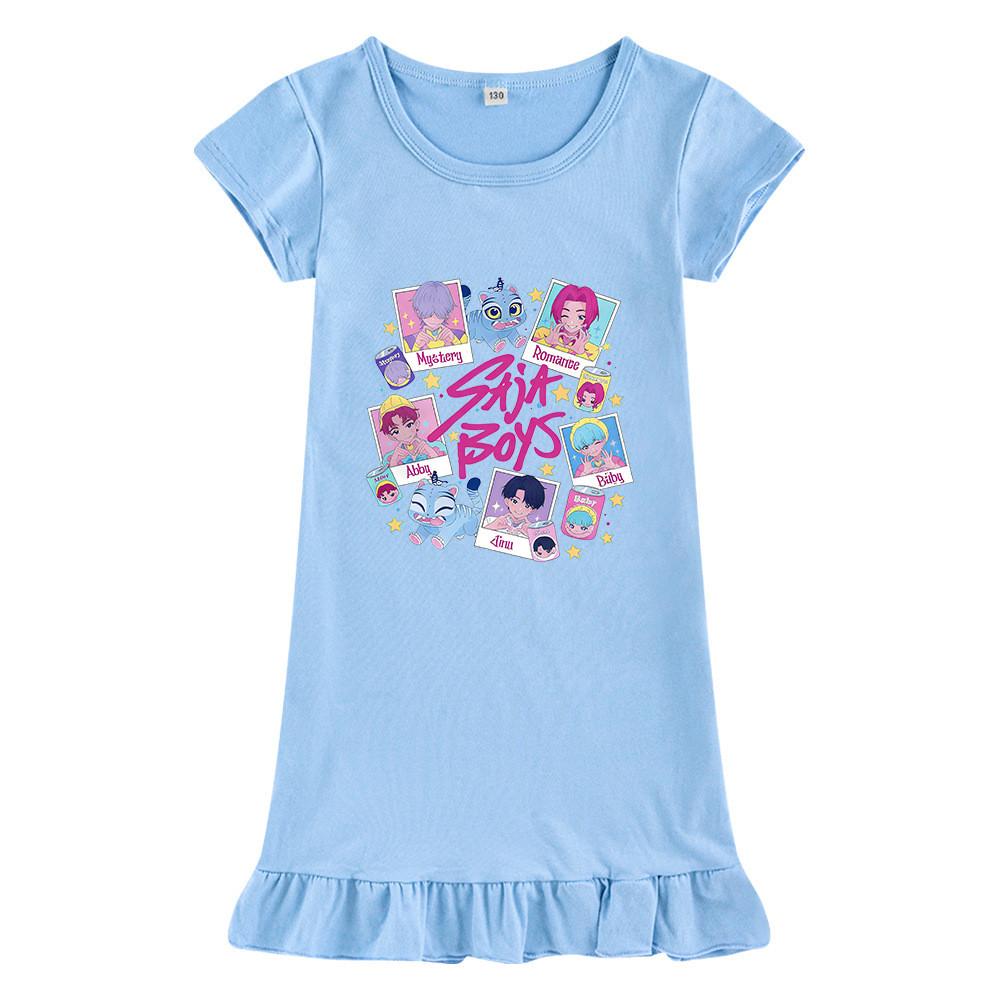 M1206 Kids Girls Sajaboys Kpop Rumi Zoey Mira Print Short Sleeves Ruffle Dress