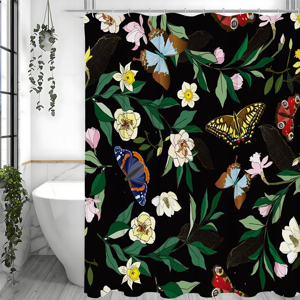 Butterfly Flower Green Leaf Shower Curtain, Bathroom Decorative Shower Curtain, Waterproof Shower Curtain with Hooks