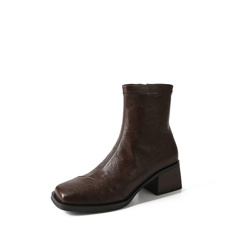 Autumn and winter women's Martin boots solid color leather large size women's boots versatile square heel leather boots new cowhide medium boots women