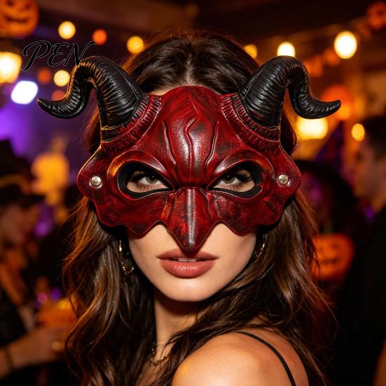 Vintage Style Halloween Mask Demon Horn Mask, Devil Head Cosplay Prop, Masquerade Lightweight Costume Face Party Horror Accessory, Carnival