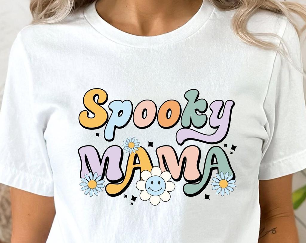 Retro Spooky Mama Halloween Shirt, Ghost Witch Shirt Creepy Halloween T-Shirt, Boo Shirt Pumpkin Birthday Gift For Her Presents Fall Tee Tops