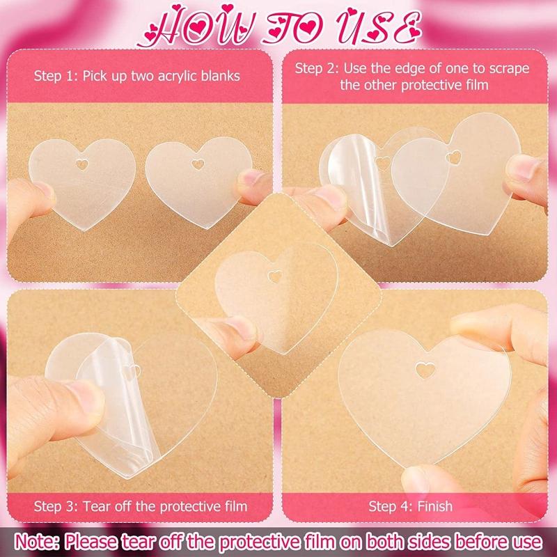 60x Acrylic Blank Clear Valentines Day Ornament with Hole Heart Slices Red Ribbon for DIY Craft Engraving Tags Wedding