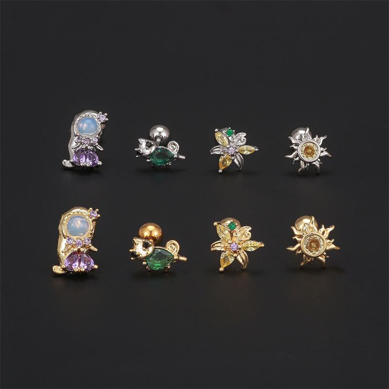 One Piece Zirconia Flowers Princess Geometry Piercing Screw Stud Earrings for Women Girls Fashion Jewelry In Summer