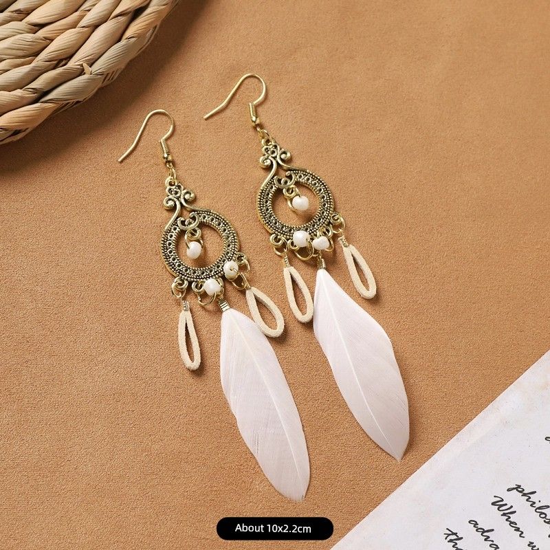 

Ethnic Style Bohemia Feather Earrings White Long Style Fashion Retro Stylish Tassel Female Holiday Trip Shoot Earrings 11-Super Fairy Retro Single White Feather