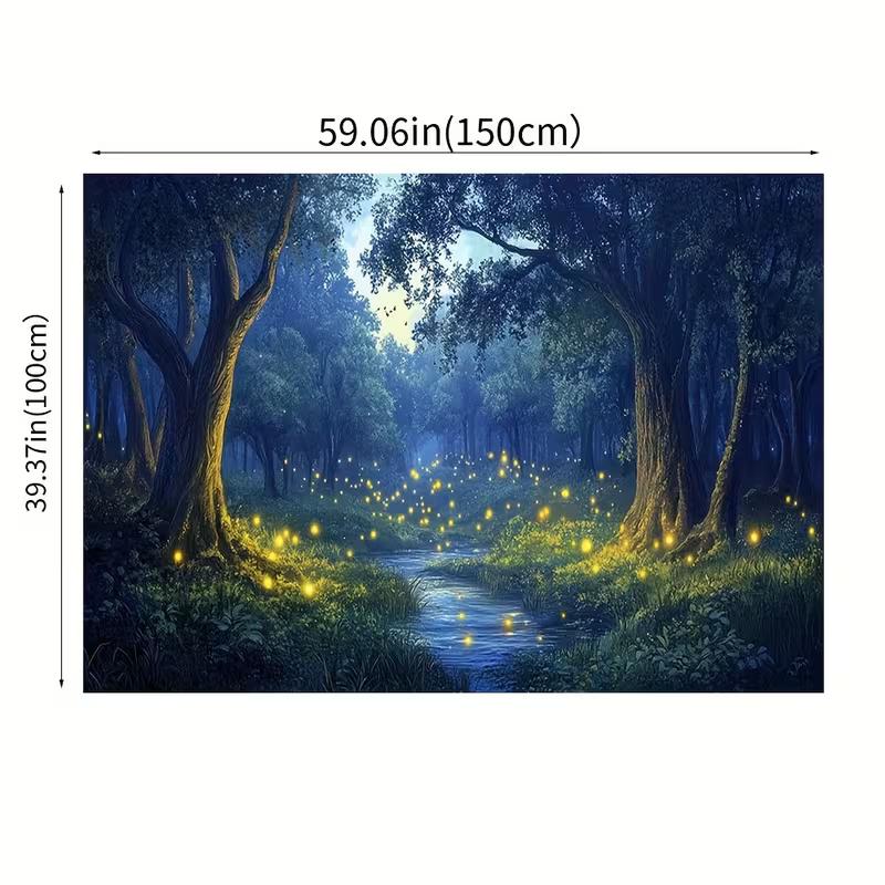 2D Fantasy Firefly Photography Background, Dreamy Night Forest with Glowing Lights and Winding Stream Backdrop