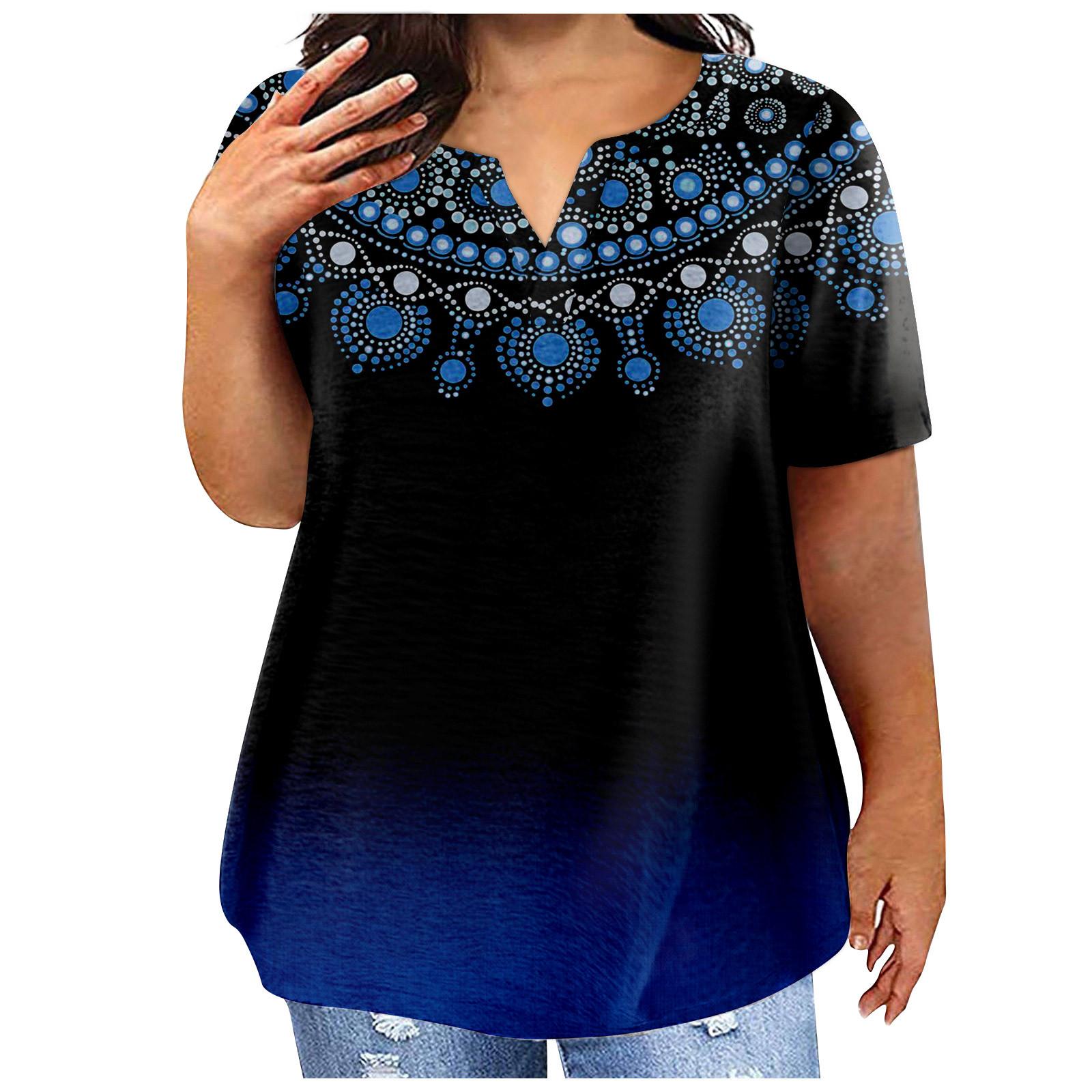 

Модная женская повседневная футболка больших размеров с коротким рукавом и круглым вырезом с градиентным принтом и карманами XL синий