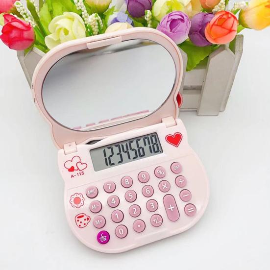 Cat Calculator with Makeup Mirror 8-Digit Display Soft Rubber Buttons Bright Color
