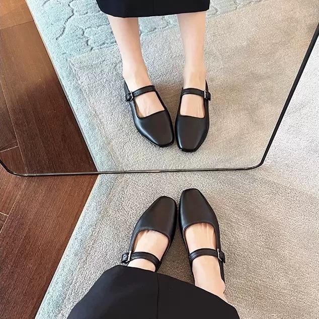 Sheepskin version~ inner height increase leather Mary Jane shoes women's flat bottom shallow mouth single shoes one word with wedge heel ladyshoes sm