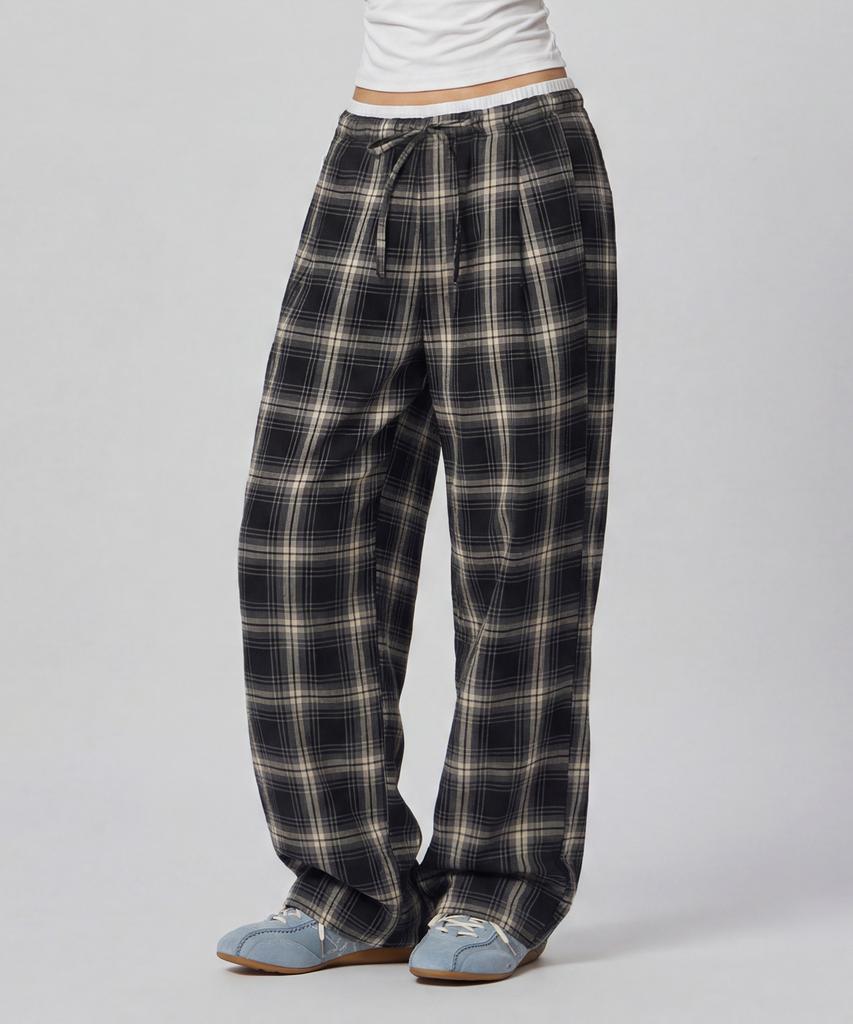 Beodeonteu Check Layered Single-Pleat Wide Pants [Black]