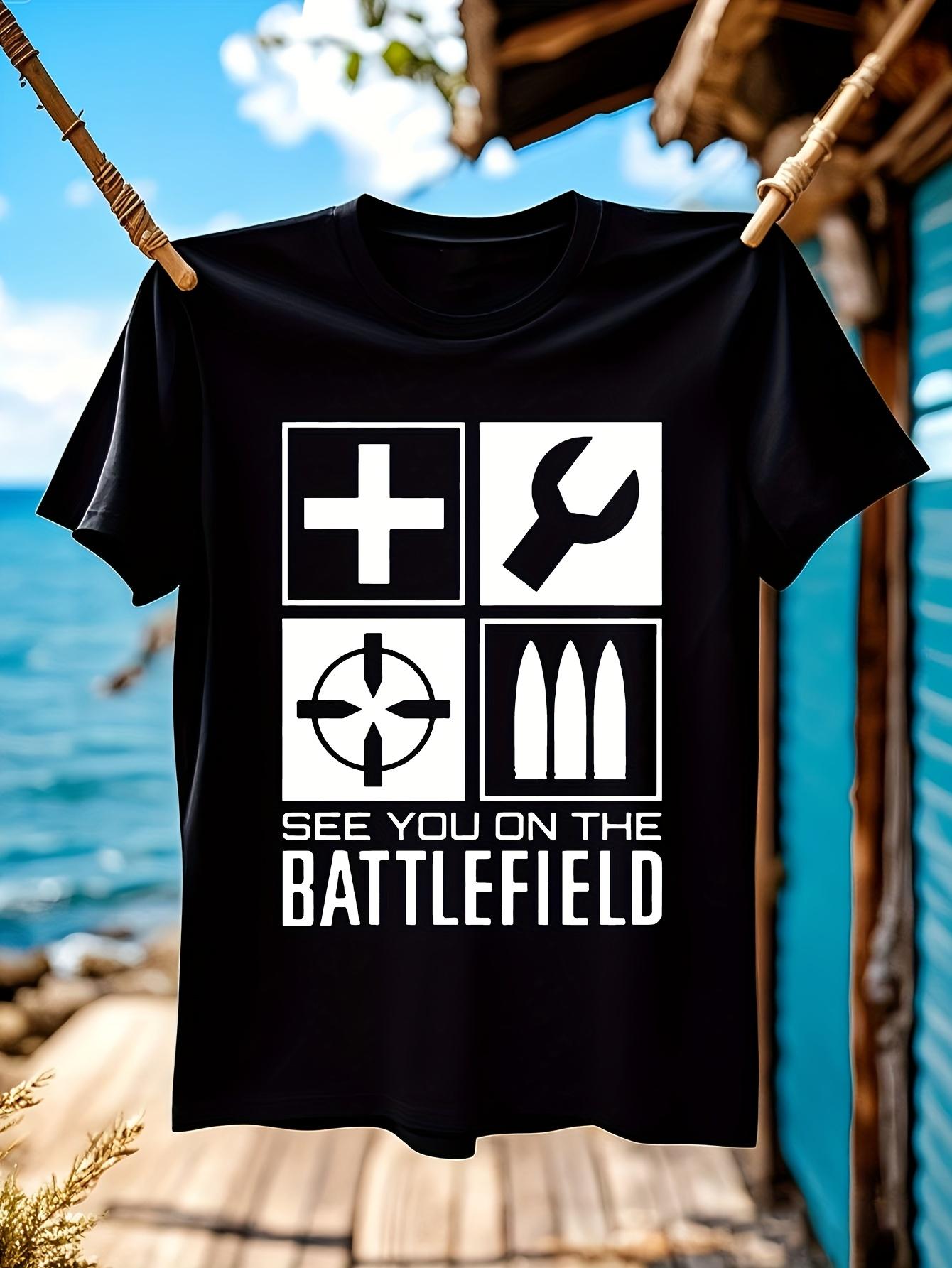 Battlefield Game Graphic T-shirt - Black Crew Neck Tee with Cross XL