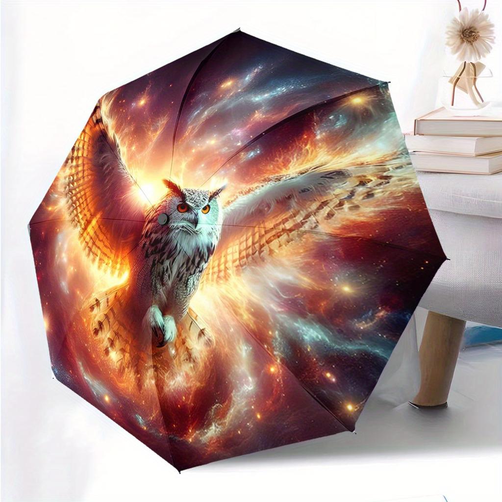 Automatic Folding Umbrella - Fiery Owl Design, Portable & Collapsible for All Seasons, Perfect Casual Outdoor Accessory or Chr