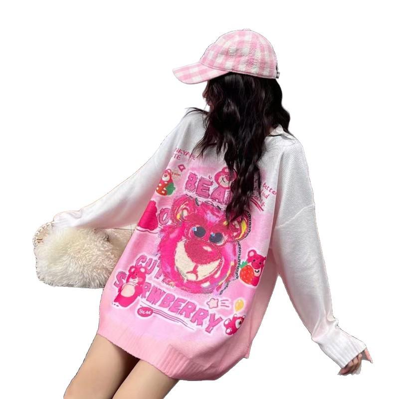 Women's Rhinestone Cartoon Print Round Neck Pullover Sweater - Korean Style Knitwear Top