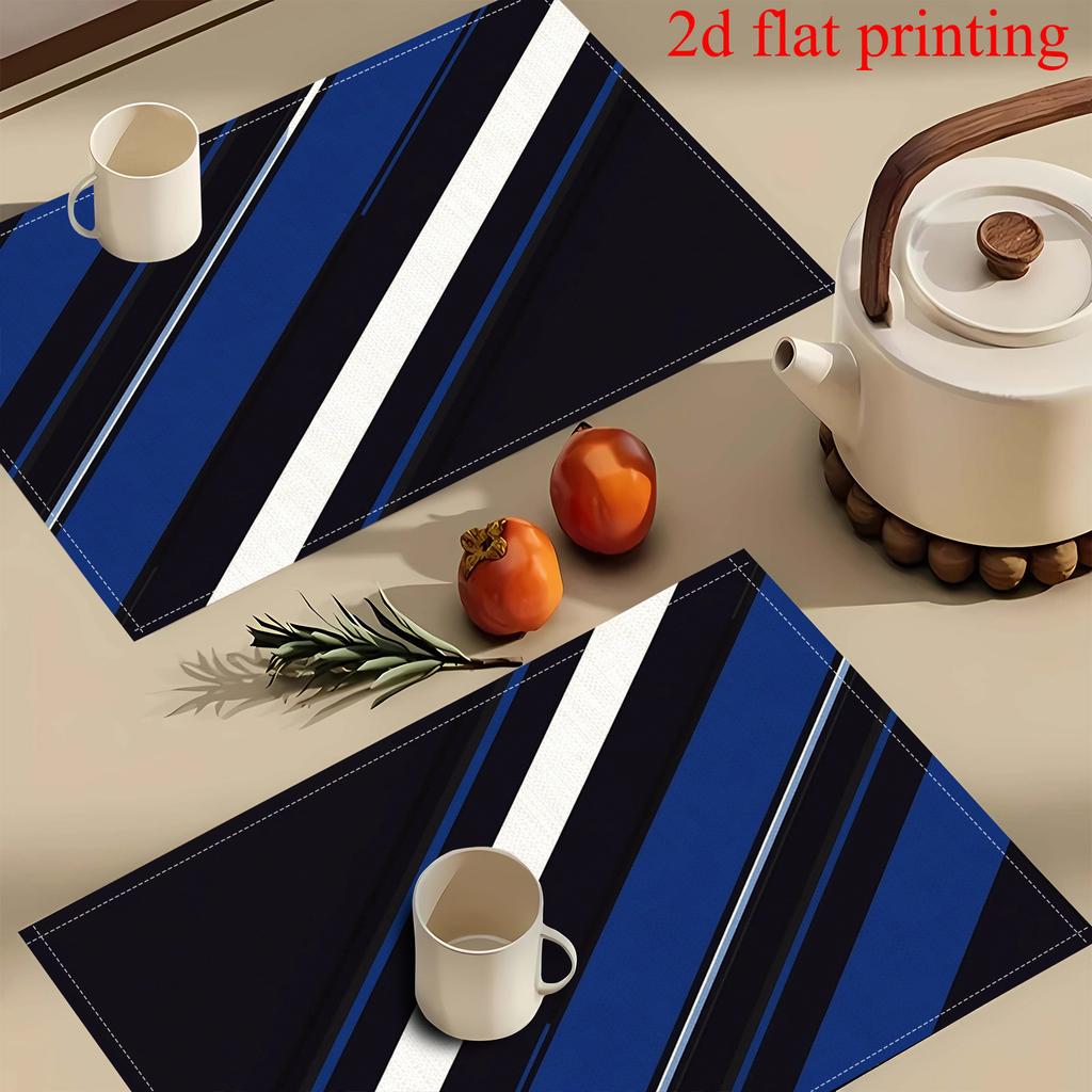 4pcs 2D FLAT Digital Print Placemats, Blue, White, and Black Diagonal Stripe Pattern Printed Placemats, to Make Your Dining Room More Beautiful,