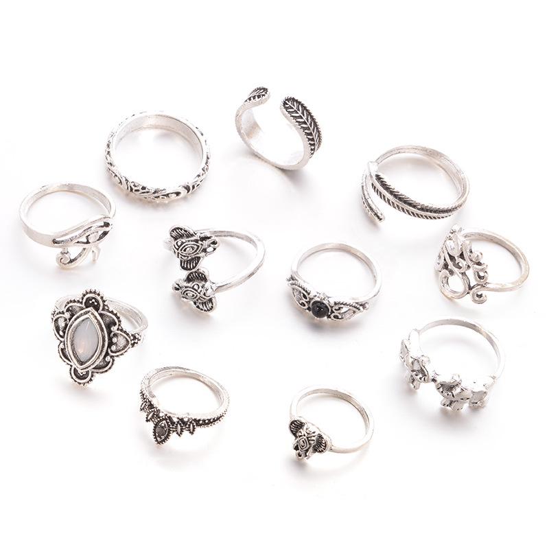 Retro Elephant Leaf 11-Piece European and American Ring Set
