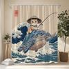 Japanischer Katzen-Duschvorhang Niedliche Katze reitet auf Schildkröte Vintage Blau Ozeanwellen Asiatisches Abstraktes Meerestier Lustige Badezimmer Vorhänge