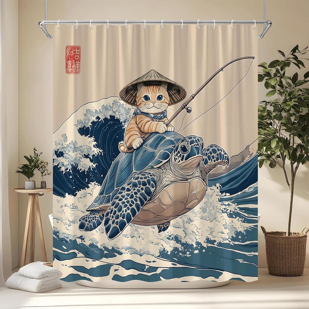 Japanischer Katzen-Duschvorhang Niedliche Katze reitet auf Schildkröte Vintage Blau Ozeanwellen Asiatisches Abstraktes Meerestier Lustige Badezimmer Vorhänge