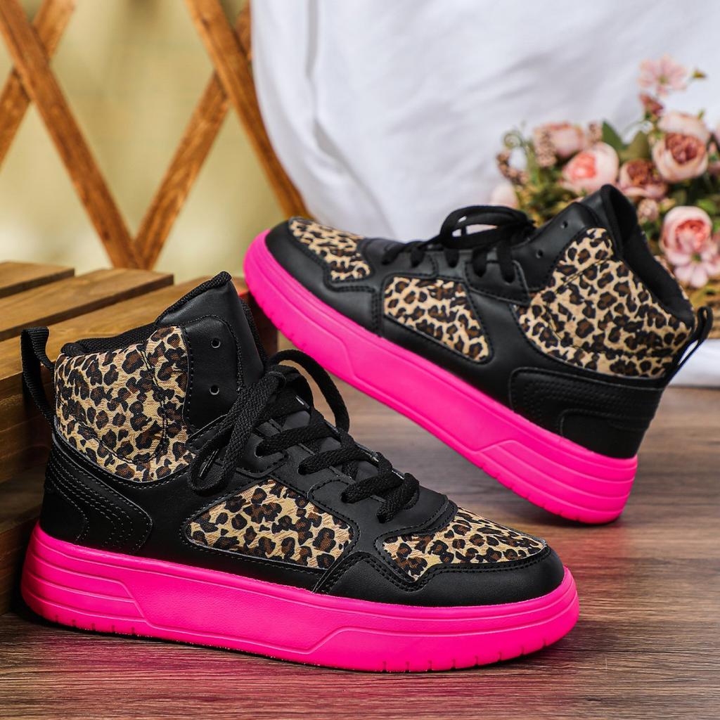 Spring Leopard Leather Platform Sneakers Women Luxury High Top Shoes Unisex Non-slip New Lace Up Thick Sole Ladies Casual Shoes