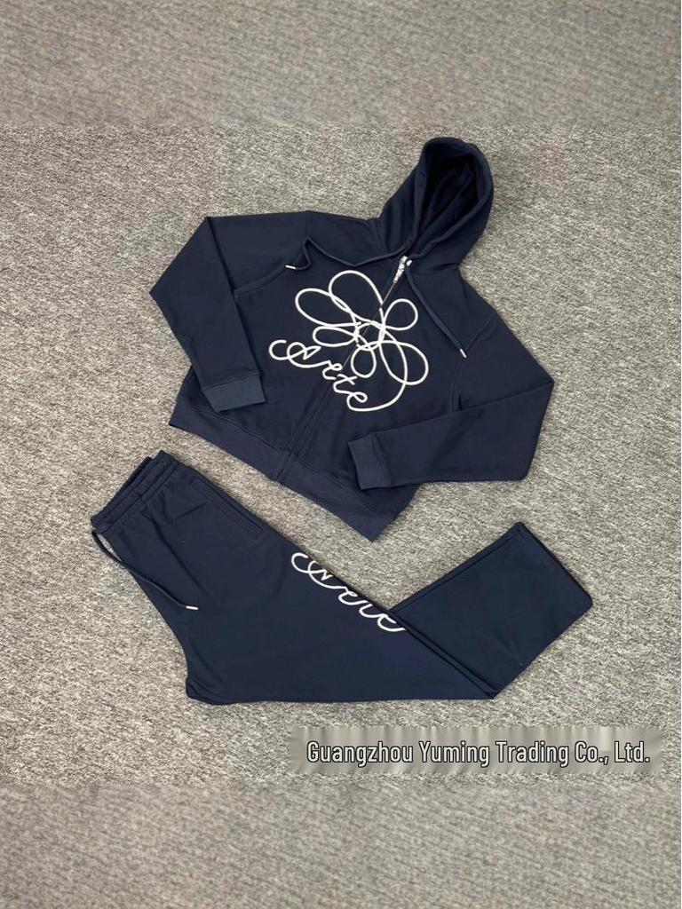 Unisex Floral Embroidery Trendy Cardigan Hoodie & Casual Pants Set