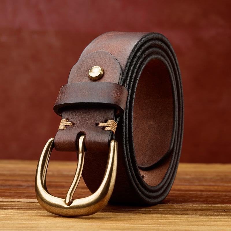 

Мужской ремень из натуральной кожи высшего качества в стиле ретро - Чистая коровья кожа с медной пряжкой, Универсальный корейский стиль, Повседневная носка. 105cm