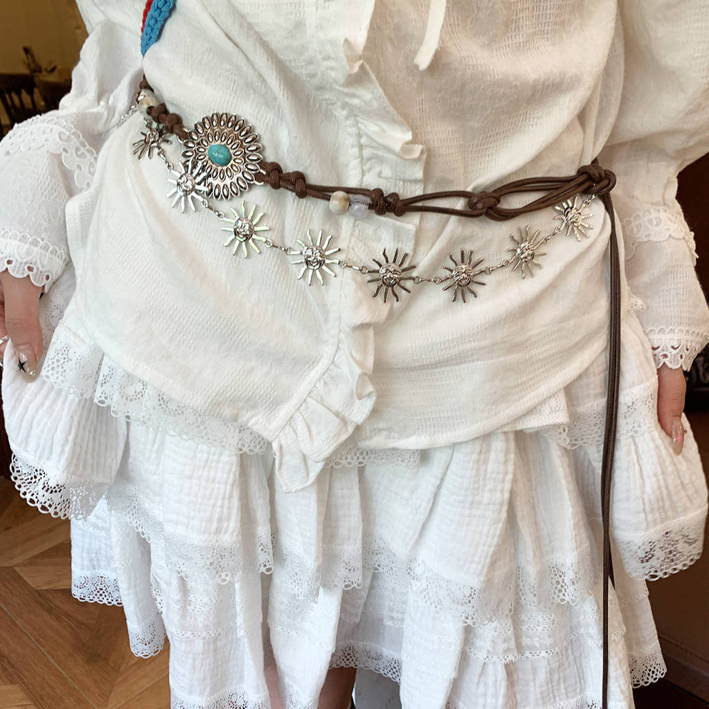 Bohemian Retro Floral Waist Belt With Sunflower Chain For Summer Dresses