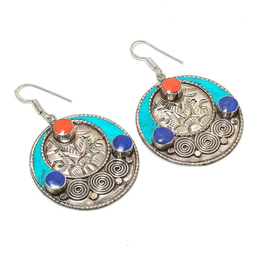 

Natural Tibetan Turquoise, Coral Gemstone Handmade Jewelry Earring 2.60 M8u37