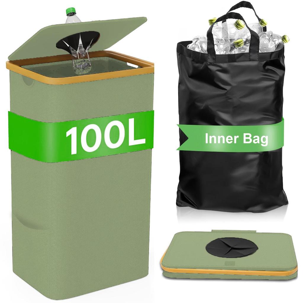 Foldable Bamboo Storage Bin with Lid for Kitchen Recycling