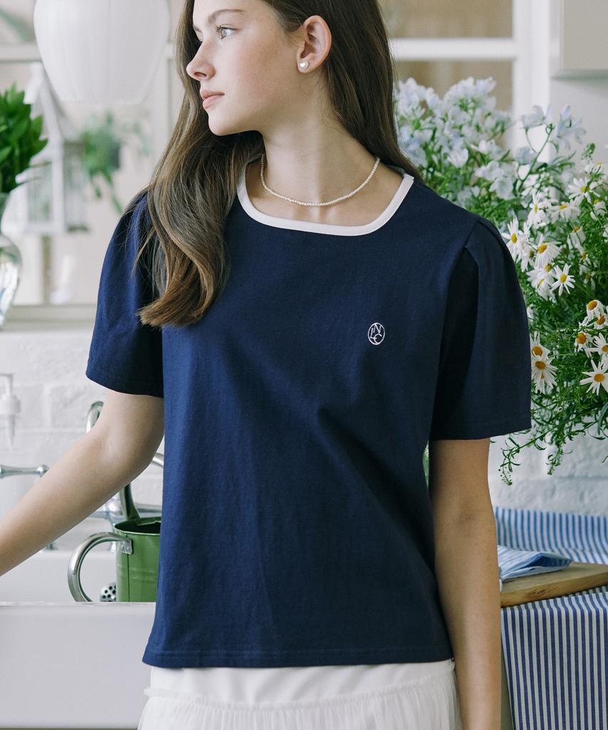 NONLOCAL Neckline Puff Sleeve T-Shirt - Navy
