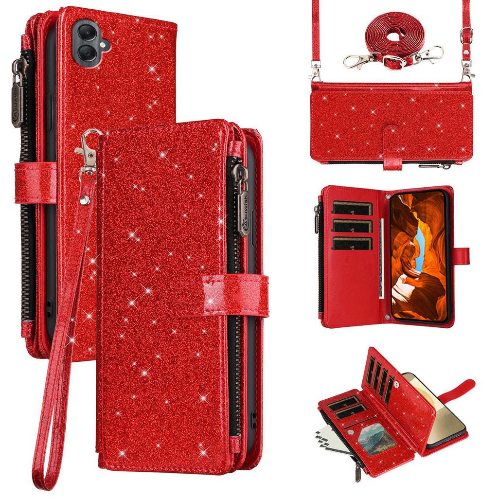 ASUWISH For Samsung Galaxy A05 4G Case 10 Card Holder Glitter Leather Phone Cover with Crossbody Strap