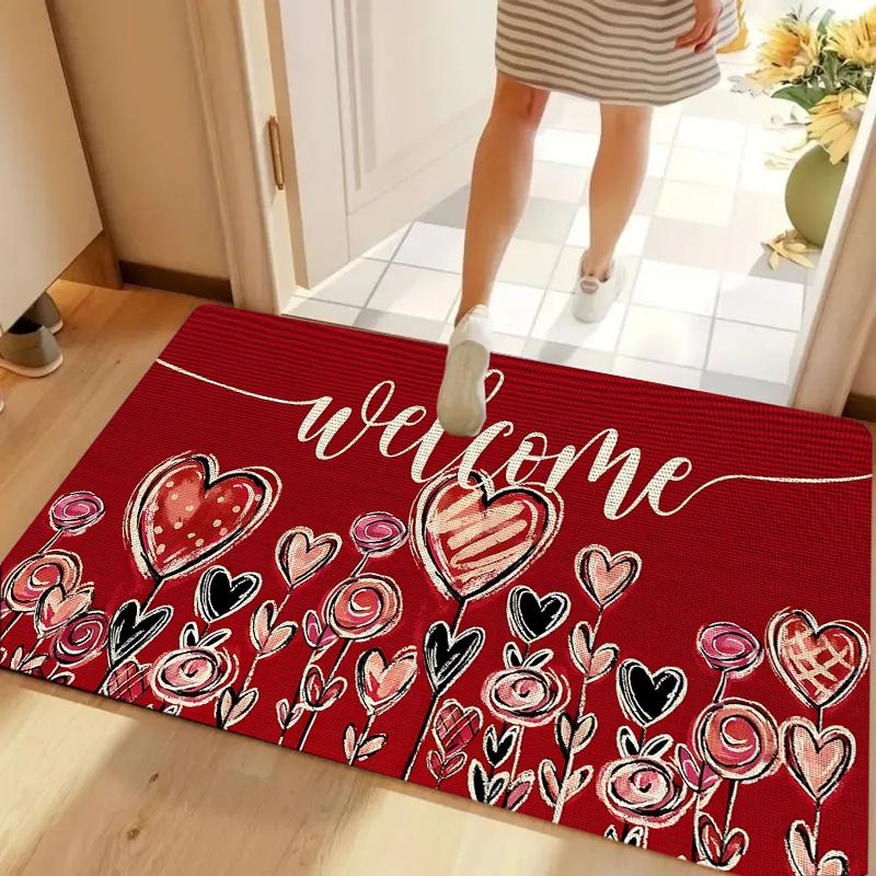 Red White Heart Pattern Floor Mat Rugs Carpets Home Decoration Non Slip Washable Love Theme Door Mat Kitchen Mat Welcome Mat