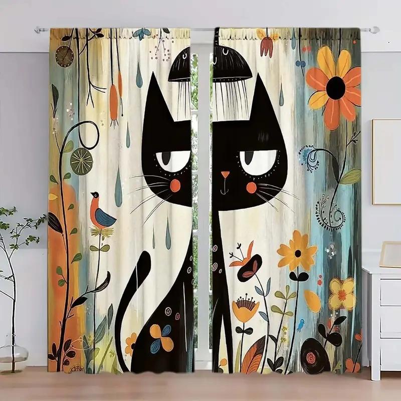 

2 Pcs Cartoon cat flower print curtains,suitable for bedroom,living room kitchen decoration,home decoration,window decoration 14Wx59L(35x150CM)x2&Rod Pocket
