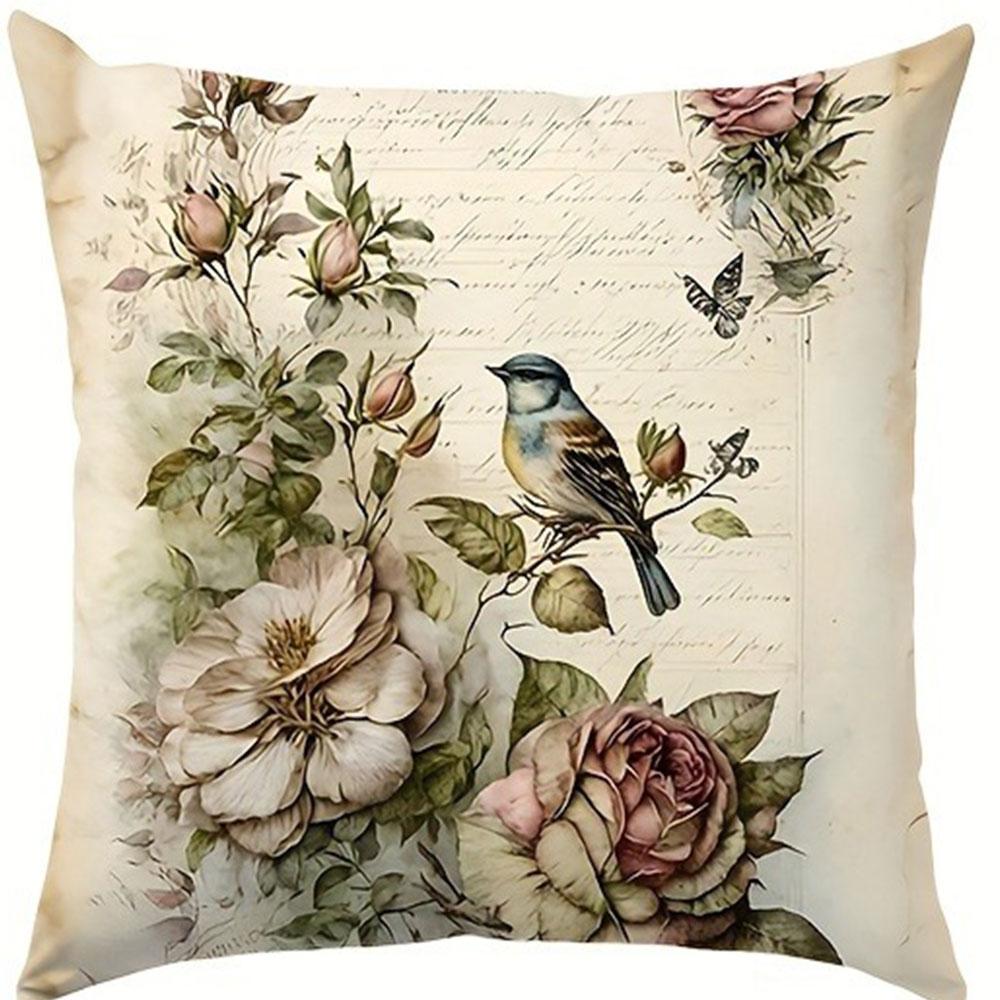 Vintage Bird And Flower Romantic Floral Pillowcasebedroom Living Room Sofa Home Decor Polyester Cushion Cover With Zipper